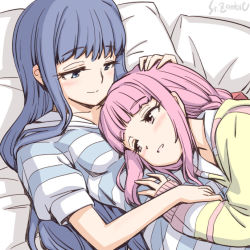 Rule 34 | 2girls, artist name, blue hair, blush, braid, hand on another&#039;s head, head on chest, hoodie, long hair, low ponytail, magia record: mahou shoujo madoka magica gaiden, mahou shoujo madoka magica, multiple girls, nanami yachiyo, nanami yachiyo (pajamas costume), on bed, pink hair, smile, striped clothes, striped hoodie, studiozombie, tamaki iroha, tamaki iroha (pajamas costume), yuri