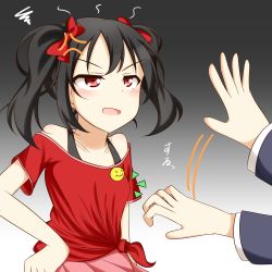 Rule 34 | 10s, 1girl, 1other, angry, bare shoulders, black hair, blush, bow, breasts, feitonokesin, gradient background, groping motion, hair bow, hand on own hip, highres, love live!, love live! school idol project, medium hair, open mouth, red eyes, simple background, small breasts, solo focus, squiggle, standing, yazawa nico