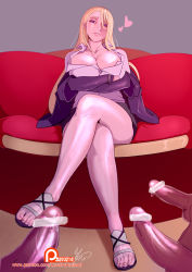 Rule 34 | 1girl, bad id, bad pixiv id, bar censor, blonde hair, breasts, cavalry (maslow), censored, chijo, cleavage, commentary, commission, couch, crossed arms, english commentary, evangeline a.k. mcdowell (adult), evangeline a.k. mcdowell, feet, female pervert, frown, heart, large breasts, legs, crossed legs, long hair, looking at viewer, looking down, multiple penises, penis, pervert, purple eyes, sandals, shirt, sitting, solo focus, toes, uq holder!