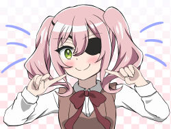 Rule 34 | 1girl, annette (spy kyoushitsu), blush, bow, bowtie, brown dress, checkered background, closed mouth, collared shirt, commentary request, dress, eyepatch, green eyes, hair between eyes, hands up, highres, index fingers together, long sleeves, looking at viewer, medium hair, notice lines, one eye covered, pinafore dress, pink background, pink hair, red bow, red bowtie, school uniform, shirt, sidelocks, simple background, sleeveless, sleeveless dress, smile, solo, split mouth, spy kyoushitsu, suda (cxsm4344), twintails, upper body, white background, white shirt, wing collar