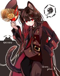 Rule 34 | 1girl, animal ears, belt, brown hair, cat, cat ears, cat tail, coat, fate/grand order, fate (series), gloves, hand in pocket, hat, highres, long hair, looking at viewer, oda nobunaga (fate), open clothes, open coat, red eyes, signature, solo, sweatdrop, tail, uniform, very long hair, yui (tamagohan)