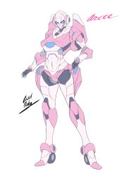 Rule 34 | 1girl, absurdres, arcee, autobot, axelnekokitty, blue eyes, character name, commentary, english commentary, hand on own hip, highres, looking at viewer, redesign, standing, transformers, white background