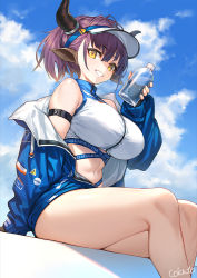 Rule 34 | 1girl, :d, animal ears, arknights, arm strap, artist name, bare legs, bare shoulders, bikini, bikini under clothes, blue jacket, blue sky, blush, bottle, breasts, clothes writing, cokuto1, cow ears, cow girl, cow horns, day, feet out of frame, grin, hat, holding, holding bottle, horns, jacket, large breasts, long sleeves, looking at viewer, off shoulder, official alternate costume, open clothes, open jacket, open mouth, outdoors, parted lips, purple hair, short hair, sideroca (arknights), sideroca (light breeze) (arknights), signature, sitting, skindentation, sky, smile, solo, swimsuit, teeth, thighs, visor cap, water, water bottle, white bikini, white hat, yellow eyes