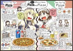 Rule 34 | 4girls, akagi (kancolle), alcohol, american flag, arancini, ascot, basil leaf, black border, blonde hair, border, bottle, breasts, brown eyes, brown hair, cleavage, closed eyes, collar, cup, detached sleeves, domino&#039;s pizza, drinking glass, eating, elbow gloves, english text, fingerless gloves, food, fork, gloves, hard-translated, headdress, headgear, iowa (kancolle), italian flag, italy, japanese clothes, kantai collection, knife, large breasts, littorio (kancolle), long hair, margherita pizza, multiple girls, muneate, nagumo (nagumon), non-web source, olive, open mouth, oven, pepsi, pizza, pizza hut, pizza sauce, restaurant, roma (kancolle), shawl, shirt, shrugging, sidelocks, sleeveless, sleeveless shirt, smile, tabasco, third-party edit, tied shirt, tray, united states, wide sleeves, wine, wine bottle, wine glass