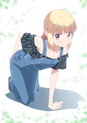 Rule 34 | 1girl, arm support, black shirt, blonde hair, blue pants, blush, collarbone, full body, hand on own ass, highres, iijima yun, kneeling, long hair, looking at viewer, new game!, off shoulder, overalls, pants, red eyes, shirt, smile, solo, suspenders