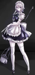 Rule 34 | 1girl, absurdres, apron, bad id, bad pixiv id, bare legs, between fingers, black footwear, blue dress, blue eyes, bow, braid, breasts, commentary request, dress, frilled apron, frills, full body, grey background, grey bow, grey ribbon, hair between eyes, hair bow, highres, holding, holding knife, holding mop, holding weapon, izayoi sakuya, jan (lightdragoon), knife, knives between fingers, looking at viewer, maid, maid apron, maid headdress, mary janes, medium breasts, mop, neck ribbon, partial commentary, petticoat, pocket watch, puffy short sleeves, puffy sleeves, revision, ribbon, shadow, shirt, shoes, short dress, short hair, short sleeves, silver hair, socks, solo, standing, thighhighs, thighs, touhou, twin braids, waist apron, watch, weapon, white apron, white shirt, white socks, wing collar, wrist cuffs