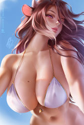 Rule 34 | 1girl, animal ears, bell, bikini, blue sky, breasts, brown hair, cow ears, cow horns, day, heart, heart-shaped pupils, horns, large breasts, lips, long hair, looking at viewer, navel, olchas, original, outdoors, red eyes, sky, solo, swimsuit, symbol-shaped pupils, upper body, watermark, wet, white bikini