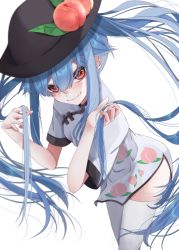 Rule 34 | 1girl, alternate hairstyle, black hat, blue hair, blush, china dress, chinese clothes, clip studio paint (medium), closed mouth, commentary request, dress, food, fruit, hair between eyes, hat, highres, hinanawi tenshi, holding, holding own hair, long hair, peach, red eyes, simple background, smile, solo, standing, thighhighs, touhou, tsune (tune), twintails, very long hair, white background, white dress, white thighhighs