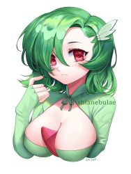 Rule 34 | 1girl, artist name, breasts, cleavage, closed mouth, creatures (company), cropped torso, game freak, gardevoir, gen 3 pokemon, green hair, hair between eyes, hair ornament, hair over one eye, highres, humanization, large breasts, light smile, long sleeves, looking at viewer, nintendo, pokemon, red eyes, shianebulae, solo, upper body, white background