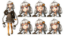 Rule 34 | 1girl, ^ ^, ahoge, black footwear, blush, bracelet, braid, closed eyes, closed mouth, expressions, frown, gradient eyes, grey hair, hair ornament, hand on own hip, highres, jewelry, kizuna akari, long hair, looking at viewer, multicolored eyes, multiple views, open mouth, simple background, twin braids, v-shaped eyebrows, very long hair, vocaloid, voiceroid, welt (kinsei koutenkyoku), white background, yellow legwear
