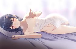 1girl blue_hair blush collarbone flat_chest hair_down idolmaster idolmaster_shiny_colors light_smile looking_at_viewer lying morino_rinze naked_towel navel on_bed on_side pillow reaching reaching_towards_viewer red_eyes shimashi_(mori_no_sato) short_hair solo towel wet