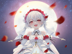 Rule 34 | 1girl, :d, absurdres, bare shoulders, breasts, bride, cleavage, dress, elbow gloves, flower, full moon, gloves, hair flower, hair ornament, highres, honkai (series), honkai impact 3rd, looking at viewer, moon, night, night sky, open mouth, petals, red eyes, red flower, red rose, rose, sky, small breasts, smile, star (sky), starry sky, theresa apocalypse, theresa apocalypse (luna kindred), wedding dress, white dress, white gloves, white hair, yaomiaomiao