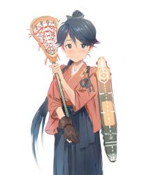 Rule 34 | 10s, 1girl, anchor print, black hair, bow, commentary request, flight deck, floral print, gloves, grey eyes, hair bow, hakama, hakama skirt, houshou (kancolle), japanese clothes, kantai collection, lacrosse stick, long hair, looking at viewer, matsuda (matsukichi), partially fingerless gloves, partly fingerless gloves, ponytail, simple background, single glove, skirt, smile, solo, tasuki, very long hair, white background, yugake