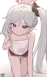 Rule 34 | 1girl, bare legs, bare shoulders, barefoot, blue archive, commentary, halo, highres, long hair, looking at viewer, mesugaki, mutsuki (blue archive), myeolchi, purple eyes, red halo, side ponytail, simple background, solo, white background, white hair