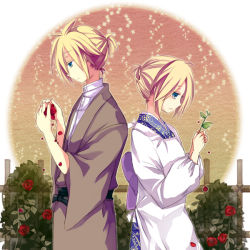 Rule 34 | 1boy, 1girl, apron, aruya (flosrota), bad id, bad pixiv id, blonde hair, blue eyes, brother and sister, cowboy shot, flower, from side, frown, half-closed eyes, japanese clothes, kagamine len, kagamine rin, kappougi, kimono, petals, plant, profile, rose, short hair, siblings, sigre (vocaloid), smile, twins, vocaloid