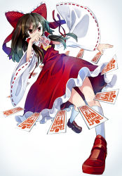 Rule 34 | 1girl, aoi kujira, ascot, bare shoulders, bow, brown hair, detached sleeves, full body, hair bow, hair tubes, hakurei reimu, loafers, ofuda, red eyes, shoes, solo, touhou