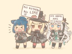 Rule 34 | &gt; &lt;, 3girls, animal ears, arknights, black headwear, black jacket, blonde hair, blue hair, blush, cat ears, cat girl, cat tail, closed eyes, closed mouth, commentary request, dress, english text, full body, hat, haze (arknights), holding, holding sign, hosshii (comet mura), jacket, jessica (arknights), long hair, long sleeves, looking at viewer, mint (arknights), multiple girls, open mouth, pantyhose, ponytail, shirt, sign, silver hair, tail, witch hat