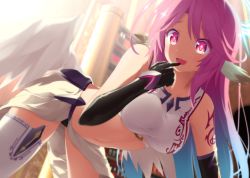 Rule 34 | 10s, 1girl, :d, angel wings, black gloves, blush, bookshelf, breasts, spiked halo, crop top, cross, elbow gloves, feathered wings, finger to mouth, gloves, goribote, halo, jibril (no game no life), large breasts, long hair, low wings, magic circle, midriff, navel, no game no life, open mouth, pink eyes, pink hair, shirt, smile, solo, symbol-shaped pupils, taut clothes, taut shirt, white wings, wings