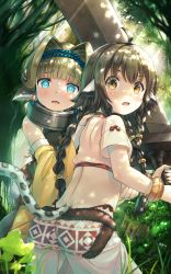 Rule 34 | 2girls, ainu clothes, animal ears, anju (utawarerumono), aquaplus, artist request, ass, back, backless outfit, blue eyes, blush, bracelet, braid, breasts, brown eyes, brown hair, collar, cowboy shot, crop top, emushiri, fang, from behind, greatsword, hair ornament, highres, holding, holding sword, holding weapon, jewelry, long hair, looking at viewer, multiple girls, official art, open mouth, outdoors, short sleeves, small breasts, sunlight, sword, tail, thighs, utawarerumono, utawarerumono: futari no hakuoro, utawarerumono: itsuwari no kamen, utawarerumono: lost flag, very long hair, weapon