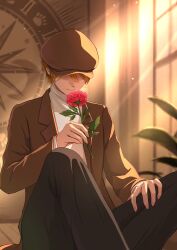Rule 34 | 1boy, absurdres, black pants, brown hat, brown jacket, closed mouth, flower, hat, highres, holding, holding flower, indoors, jacket, light brown hair, light particles, male focus, nap on a cloud, original, pants, peaked cap, pink flower, pink rose, rose, smile, solo, sweater, turtleneck, turtleneck sweater, white sweater, window