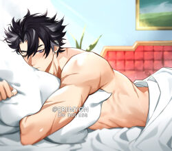 Rule 34 | 1boy, artist name, bare shoulders, bed sheet, bedroom, biceps, black hair, blue eyes, closed mouth, eriimyon, genshin impact, hair between eyes, highres, hugging object, indoors, looking at viewer, male focus, multicolored hair, muscular, muscular male, on bed, one eye closed, pillow, pillow hug, scar, scar on arm, solo, streaked hair, topless male, twitter username, under covers, wriothesley (genshin impact)