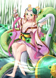 Rule 34 | 1girl, bamboo, bamboo forest, bare shoulders, barefoot, blonde hair, blush, chinese clothes, forest, green eyes, hair rings, hotpepperman, kettle, meimei (p&amp;d), nature, orb, puzzle &amp; dragons, snake, solo, turtle shell, water