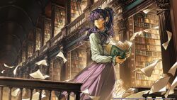 Rule 34 | 1girl, asahina mafuyu, book, bookshelf, bust (sculpture), closed mouth, commentary, copyright notice, english commentary, frilled shirt, frilled shirt collar, frilled sleeves, frills, green shirt, highres, holding, holding book, indoors, ireland, ladder, library, light particles, long hair, long skirt, long sleeves, looking afar, lux arts, official art, open book, paper, pillar, project sekai, promotional art, purple eyes, purple hair, purple skirt, real world location, scenery, sculpture, second-party source, shirt, skirt, smile, solo, standing, suspender skirt, suspenders