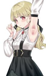 Rule 34 | 1girl, absurdres, akkgsyk, arm up, armpits, blonde hair, blush, breasts, closed mouth, detached sleeves, earrings, hand up, highres, jewelry, kogara toto, lips, long hair, looking at viewer, medium breasts, presenting armpit, red eyes, shy, simple background, solo, sweat, virtual youtuber, vspo!, white background