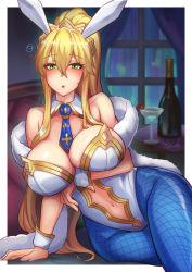 Rule 34 | 1girl, ahoge, animal ears, arm under breasts, artoria pendragon (all), artoria pendragon (fate), artoria pendragon (swimsuit ruler) (fate), bare shoulders, blonde hair, blue neckwear, blue pantyhose, blush, bottle, braid, breasts, cleavage, clothing cutout, cocktail glass, cup, detached collar, drinking glass, drunk, fake animal ears, fate/grand order, fate (series), feather boa, fishnet pantyhose, fishnets, french braid, green eyes, highleg, highleg leotard, large breasts, leotard, long hair, looking at viewer, navel, navel cutout, open mouth, pantyhose, playboy bunny, ponytail, qblade, rabbit ears, sidelocks, solo, thighs, tiara, white leotard, window, wine bottle, wrist cuffs