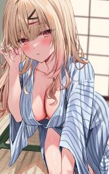 Rule 34 | 1girl, blonde hair, blush, breasts, cleavage, collarbone, colored tips, commentary, cowboy shot, gradient eyes, gradient hair, hair ornament, hairclip, hand in own hair, hand up, highres, hizuki higure, indoors, japanese clothes, kimono, large breasts, leaning forward, long sleeves, looking at viewer, multicolored eyes, multicolored hair, orange eyes, original, parted lips, ryokan, sidelocks, solo, striped clothes, striped kimono, thighs, white kimono, wide sleeves