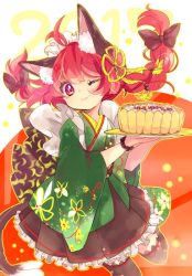 Rule 34 | 1girl, 2017, :3, adapted costume, animal ears, black bow, black skirt, black thighhighs, bow, bracelet, braid, cake, cat ears, cat tail, floral print, food, green kimono, hair bow, hair ribbon, hall jion, japanese clothes, jewelry, kaenbyou rin, kimono, kimono skirt, long hair, looking at viewer, new year, one eye closed, petticoat, plate, pleated skirt, red eyes, red hair, ribbon, skirt, smile, solo, tail, thighhighs, touhou, twin braids, wide sleeves, zettai ryouiki