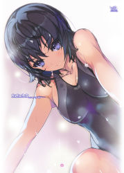 Rule 34 | 1girl, akaga hirotaka, amagami, bare shoulders, black hair, breasts, cleavage, competition swimsuit, cover, cover page, from below, nanasaki ai, one-piece swimsuit, purple eyes, short hair, solo, swimsuit, wet