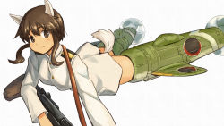 Rule 34 | 1girl, animal ears, blush, breasts, brown eyes, brown hair, flying, gun, long hair, long sleeves, looking at viewer, military, military uniform, shibasaki shouji, sidelocks, simple background, smile, solo, strike witches, striker unit, tail, takei junko, uniform, weapon, world witches series