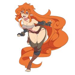 Rule 34 | 1girl, breasts, cleavage, elbow gloves, freckles, gloves, highres, medium breasts, nisego, orange hair, revealing clothes, sharp teeth, simple background, solo, tail, teeth, thick thighs, thighs, toeless footwear, white background, wonhan (nisego)
