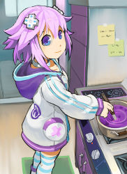 Rule 34 | 10s, 1girl, cooking, d-pad, hair ornament, jacket, looking at viewer, neptune (neptunia), neptune (series), pot, purple eyes, purple hair, segamark, solo, striped clothes, striped thighhighs, thighhighs