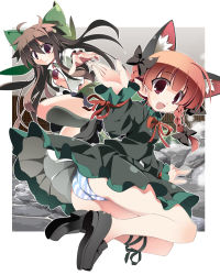 Rule 34 | 2girls, animal ears, braid, brown hair, cat ears, cat girl, extra ears, female focus, hair ribbon, highres, kaenbyou rin, loafers, multiple girls, no socks, open clothes, open shirt, panties, pointy ears, red eyes, red hair, reiuji utsuho, revision, ribbon, shirt, shoes, striped clothes, striped panties, tomatomato (tomato kanzume), touhou, twin braids, underwear