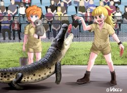 Rule 34 | 2girls, :d, animal, ankle boots, black footwear, black legwear, blonde hair, blue eyes, blunt bangs, boots, brown shirt, brown shorts, buckle, closed mouth, collared shirt, commentary, cosplay, crocodile, crocodilian, crowd, english commentary, feeding, fence, food, girls und panzer, grass, green eyes, hair ribbon, headset, holding, holding animal, kamonohashi (girls und panzer), koala, looking at another, meat, medium hair, messy hair, multiple girls, open mouth, orange hair, ponytail, red ribbon, ribbon, shirt, short hair, short sleeves, shorts, smile, socks, standing, steve irwin, steve irwin (cosplay), twitter username, voc, wallaby (girls und panzer), watch, wristwatch