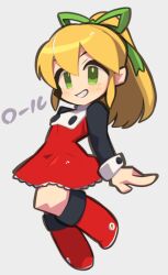 1girl blonde_hair chibi dress green_eyes high_ponytail ibara. long_hair mega_man_(classic) mega_man_(series) ponytail red_dress roll_(mega_man) simple_background solo white_background