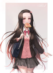 Rule 34 | 1girl, bag, black hair, black jacket, blazer, bow, bread slice, breasts, brown hair, cardigan, collared shirt, commentary, dress shirt, food, food in mouth, forehead, gradient hair, grey skirt, hair ribbon, highres, jacket, kamado nezuko, kie (wylee2212), kimetsu no yaiba, long hair, looking at viewer, mouth hold, multicolored hair, open clothes, open jacket, pink cardigan, pink ribbon, pleated skirt, red bow, red eyes, ribbon, school bag, school uniform, shirt, signature, skirt, small breasts, solo, toast, toast in mouth, very long hair, white shirt