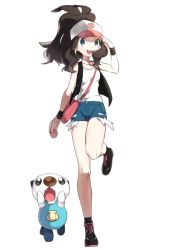 10s 1girl bag bare_legs black_legwear creatures_(company) full_body game_freak gen_5_pokemon hilda_(pokemon) mimizubare nintendo oshawott pokemon pokemon_(creature) pokemon_bw ponytail shoulder_bag simple_background socks standing standing_on_one_leg white_background