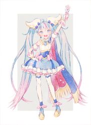 Rule 34 | 1girl, blue cape, blue eyes, blue hair, blue skirt, cape, commentary, cure sky, earrings, gloves, gradient hair, hand on own hip, hirogaru sky! precure, jewelry, long hair, magical girl, multicolored hair, pink hair, precure, ryokuno green, skirt, smile, solo, sora harewataru, symbol-only commentary, thighhighs, twintails, very long hair, white gloves, white thighhighs, wing hair ornament
