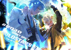 Rule 34 | 2boys, arm up, axel syrios, black gloves, blonde hair, blue eyes, blue hair, blue necktie, concert, curtained hair, english text, gloves, glowstick, green eyes, hair between eyes, highres, holding, holding microphone, holostars, holostars english, holostars idol uniform (1st act), idol, looking at viewer, male focus, microphone, multicolored hair, multiple boys, necktie, pointing, pointing up, red hair, regis altare, short hair, smile, stage lights, suda (svdaaa), two-tone hair, upper body
