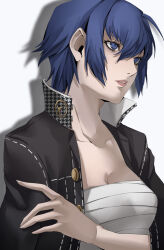 Rule 34 | 1girl, absurdres, bandaged torso, black jacket, blue eyes, blue hair, breasts, chest binder, cleavage, crossdressing, gold buttons, hair between eyes, hand on own arm, high collar, highres, jacket, looking to the side, medium breasts, persona, persona 4, pertex 777, pink lips, school uniform, shadow, shirogane naoto, short hair, upper body, white background, white stitching, wrapping