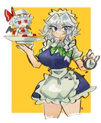 Rule 34 | 2girls, blue eyes, breasts, clock, emerald kitty, fumo (doll), highres, izayoi sakuya, large breasts, maid, multiple girls, remilia scarlet, silver hair, thick thighs, thighs, touhou
