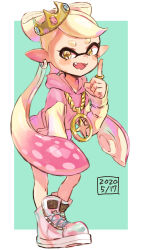 Rule 34 | + +, 1girl, bad id, bad twitter id, border, brown eyes, callie (splatoon), chain necklace, cosplay, cross-laced footwear, crown, dated, dress, earrings, fang, fangs, gradient hair, green border, harutarou (orion 3boshi), highres, hood, hood down, hooded dress, index finger raised, inkling, jewelry, leaning forward, long hair, long sleeves, looking at viewer, mole, mole under eye, multicolored hair, necklace, nintendo, no socks, open mouth, outside border, pearl (splatoon), pearl (splatoon) (cosplay), pink dress, pink footwear, pink hair, pointy ears, ring, shoes, short dress, smile, solo, splatoon (series), splatoon 2, splatoon 2: octo expansion, standing, sweater, sweater dress, swept bangs, tentacle hair, tilted headwear, very long hair, white hair, yellow headwear