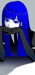 Rule 34 | 1other, absurdres, androgynous, black gloves, black necktie, blue eyes, blue hair, closed mouth, colored eyelashes, colored skin, commentary, crescent print, elbow gloves, elbows on table, gem uniform (houseki no kuni), gloves, gold, grey background, hair over shoulder, half-closed eyes, highres, houseki no kuni, interlocked fingers, ke shi yinhe, lapis lazuli (houseki no kuni), long hair, looking at viewer, mole, necktie, other focus, own hands together, raised eyebrows, shadow, short sleeves, smile, upper body, white skin