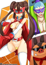 Rule 34 | 10s, 1boy, 1girl, alternate costume, belt, blue hair, breasts, brown hair, brycen (pokemon), cape, covered erect nipples, creatures (company), domino mask, elbow gloves, game freak, gen 5 pokemon, glasses, gloves, gym leader, janong, maebari, mask, navel, nintendo, pasties, patreon, pignite, pokemon, pokemon (creature), pokemon bw2, pokewood, rosa (pokemon), star maebari, star pasties, stomach, the riolu girl, thighhighs, tongue, tongue out, twintails