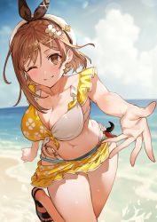 Rule 34 | atelier (series), atelier ryza, atelier ryza 3, beach, bikini, bikini skirt, blush, braid, breasts, brown eyes, brown hair, clover hair ornament, crown braid, day, earrings, hair ornament, hairclip, hat, highres, jewelry, large breasts, looking at viewer, navel, non-web source, o-ring, o-ring bikini, official art, one eye closed, outdoors, outstretched arm, photoshop (medium), reaching, reaching towards viewer, reisalin stout, short hair, smile, standing, swimsuit, toridamono, x hair ornament