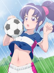 Rule 34 | 10s, 1girl, ball, clothes lift, happinesscharge precure!, hikawa iona, long hair, navel, ponytail, precure, purple eyes, purple hair, shirt, shirt lift, soccer ball, solo, t-shirt, telstar, tj-type1