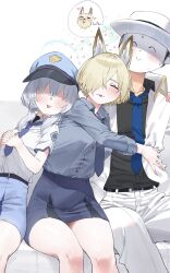Rule 34 | 1boy, 2girls, :p, alternate hairstyle, animal ears, black necktie, blonde hair, blue archive, blue necktie, blush, breasts, closed eyes, collared shirt, dog, doodle sensei (blue archive), grey hair, hair over one eye, hand on another&#039;s shoulder, happy, hat, head on another&#039;s shoulder, heart, hetero, highres, hug, kanna (blue archive), kanna (young) (blue archive), large breasts, leaning on person, leaning to the side, long sleeves, lonklink, multiple girls, necktie, peaked cap, police, police uniform, sensei (blue archive), shirt, short hair, short sleeves, simple background, sitting, smile, tongue, tongue out, uniform, valkyrie police academy student (blue archive), valkyrie police academy student (sg) (blue archive), white background, white shirt